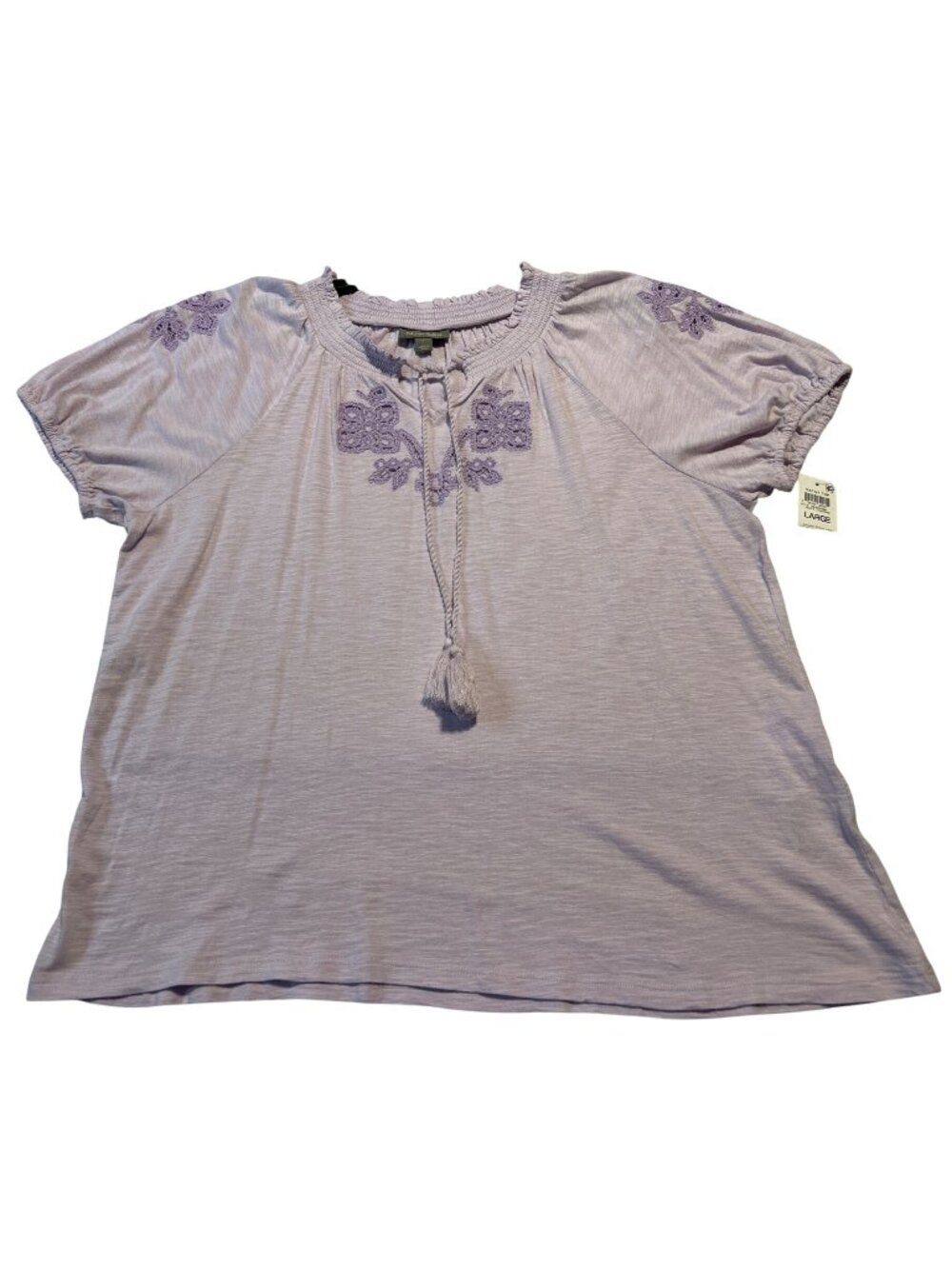 Style & Co Size Large Sandy Lavender Vacay Top Embroidered Short Sleeve Tassel
